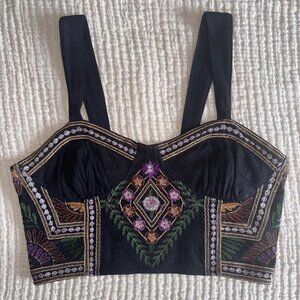 Free People Datura Corset Cropped Tank Top Embroidered Black Boho Cleopatra
